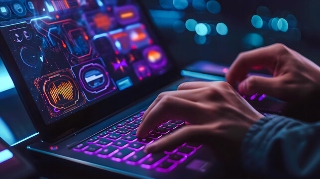 Photo of guy hands arms working front back end programming indoors workstation workshop home