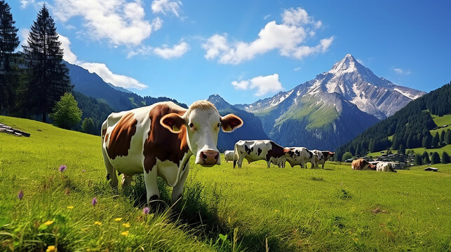  swiss cows are grazing in a flowery meadow, and pine trees at the swiss alps landscape