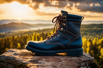 Hiking shoe for cross-country travel. Boot close up on highland rock. Generative AI. - 788350385