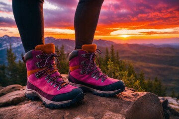 The legs of a woman traveler stands in pink hiking shoe for cross-country travel. Evening sunset in highland on background. Generative AI.