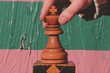 A closeup of fingers clutching a pawn chess piece, symbolizing small moves in strategy - obrazy, fototapety, plakaty