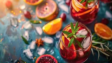 Fotobehang Refreshing Sangria Drink: Glass of Red Wine with Fruit © Nick Alias