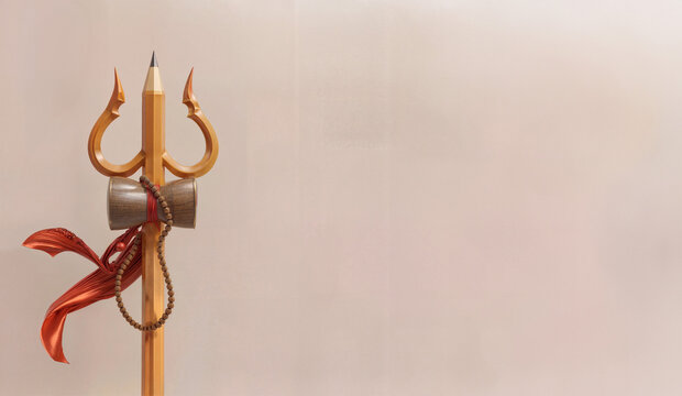 Pencil Art in the Shape of Trishul. 3d render Illustration for Banners, Posters, and Social Media Posts