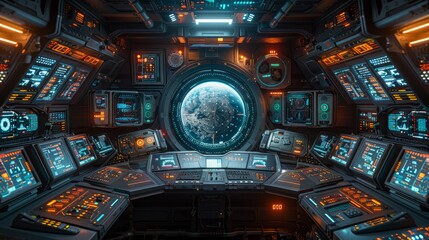 Fototapeta premium A futuristic space station with a large window that shows the Earth