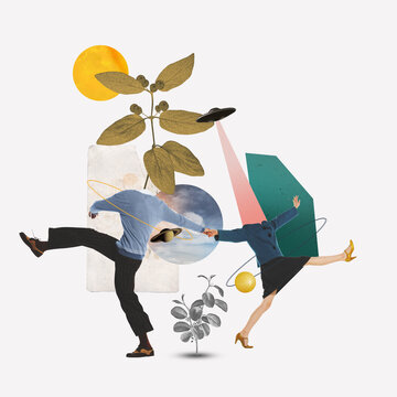 Man and woman holding hands and walking in different direction with floral and planet elements on light background. Contemporary art collage. Surrealism, creativity, retro style, imagination concept