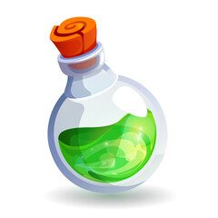 Bottle of green potion with wooden cork and magical elixir 3d vector illustration