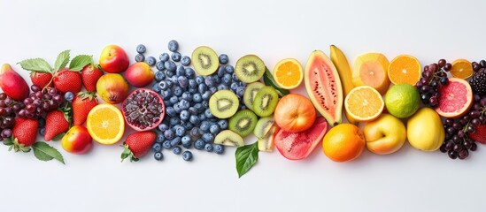 Fruits in a variety of colors arranged on a white background. Encouraging a healthy diet with ingredients for juices and smoothies. Room for text.