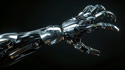 Futuristic robotic arm, sleek cybernetic prosthesis. Advanced technology concept, artificial intelligence in action. Silver metallic finish, mechanical precision. AI