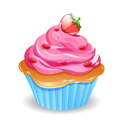 strawberry cupcakes with pink cream and strawberry fruit and candles, muffins illustration
