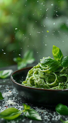 Beautiful presentation of Pesto pasta, hyperrealistic food photography