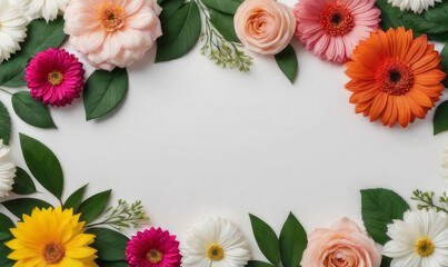Banner with summer and fall flowers on white background. Flat lay, top view. Floral composition with copy space. Frame template for web, wedding invitation, Mothers and Womans day. 