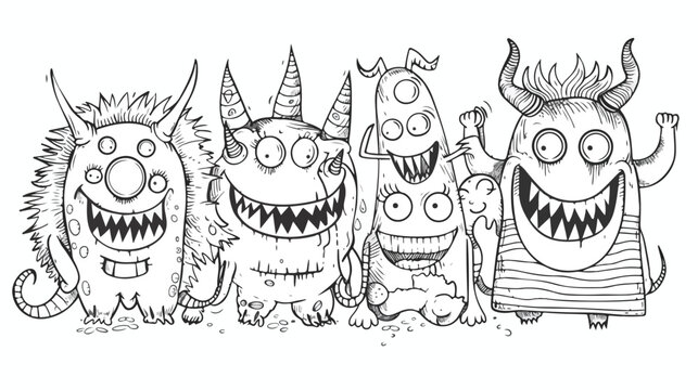 Cute school monsters. Doodle coloring page. Hand draw