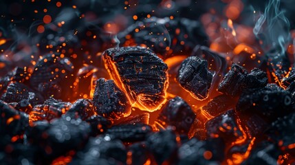 Intense embers glow within charcoal briquettes, a dance of fire and smoke in the darkness