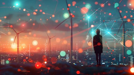 Futuristic Landscape with Wind Turbines and a Silhouette Figure. Energy Concept Artwork Illustrating a Vision of Tomorrow. Modern, Digital Style Image. AI