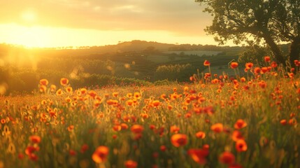 A serene image of a poppy field at sunset, with the warm golden light casting a soft glow over the flowers and surrounding landscape.