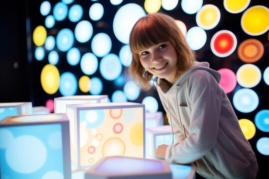 A beautiful white haired woman is advertising the new models and colors of her product, and demonstrating how to use the product, in a white background room. Generative AI.