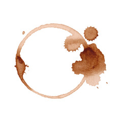 A round coffee stain with splashes from a cup with a drink, isolated on a white background, is hand-drawn. Spilled coffee or tea. The texture of the drops on the paper. An element for design