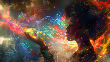Double exposure, colorful and woman in galaxy with abstract dream of clouds or zen in universe. Sky, cosmic and person with calm by psychedelic, spiritual and space background with stars for fantasy.