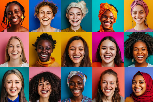 A vibrant montage of smiling faces from women of all ages, ethnicities, races, and geographic origins, against a colorful, flat backdrop