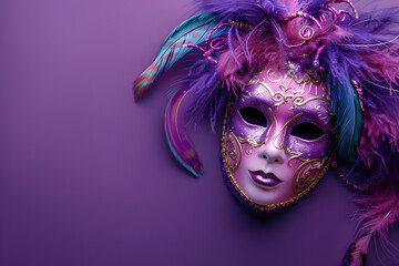 A festive masquerade mask with feathers, isolated on a carnival purple background, whispering secrets of the night 