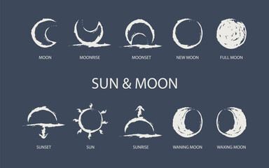 Astrological designations, aspects for astrologer. the meaning of the planets, study of astrology. Vector set pictogram elements constellation illustration for ancient alchemy: sun and moon