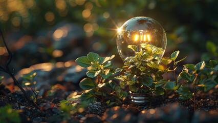 Eco-Electricity Symbol: Light Bulb with Nature-Inspired Leaves and Plants, Light Bulb Design Reflecting Ecological Environment