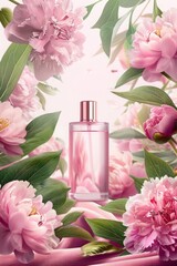 A bottle of perfume is surrounded by pink flowers