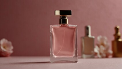 stylish perfume with a unique aroma in a glass bottle on a blurred pink background
