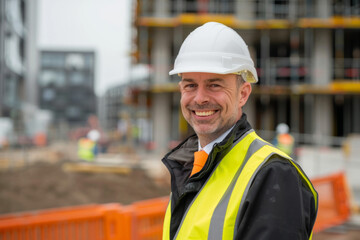 Fototapeta premium Male construction manager smiling confidently in front of a building site