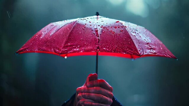 Hand holding red umbrella in the rain. Close-up with raindrops on fabric. Weather protection and personal care concept