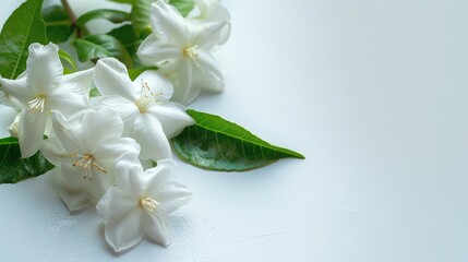 Fragrant jasmine flower displayed gracefully on a white background, evoking a sense of tranquility...