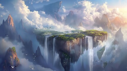 A breathtaking vista of a floating island shrouded in mist, with cascading waterfalls pouring over the sheer cliffs into crystal-clear pools below, surrounded by fluffy clouds and soaring birds - obrazy, fototapety, plakaty