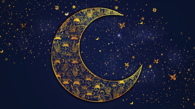 Whimsical Night Sky Crescent Moon and Stars Background Image