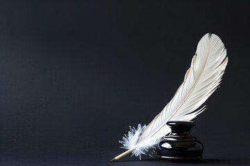 A single, delicate feather quill, isolated on a stark inkwell black background, ready to pen historical tales