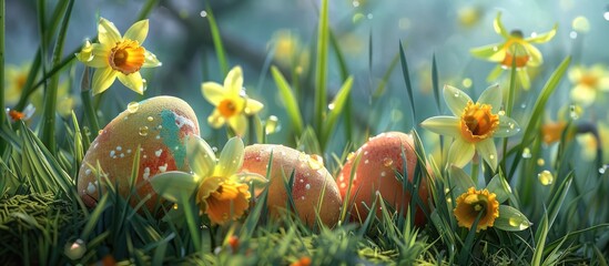 Obraz na płótnie Canvas Easter eggs tucked away amidst the daffodil-covered grass.