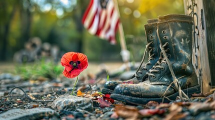 An emotional scene of a veteran's boots placed alongside an American flag at a memorial site, with a single red poppy flower symbolizing remembrance and gratitude.