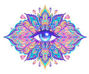 Sacred geometry symbol with all seeing eye over in acid colors. Mystic, alchemy, occult concept. Design for indie music cover, t-shirt print, psychedelic poster, flyer. Astrology, esoteric, religion.