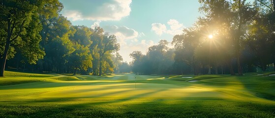 Serene Golf Greens at Sunset. Concept Sunset Photoshoot, Golf Course Views, Nature Photography, Peaceful Landscape - obrazy, fototapety, plakaty