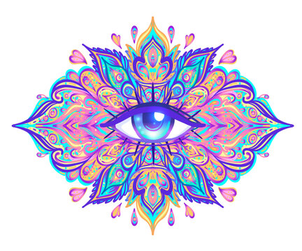Sacred geometry symbol with all seeing eye over in acid colors. Mystic, alchemy, occult concept. Design for indie music cover, t-shirt print, psychedelic poster, flyer. Astrology, esoteric, religion.