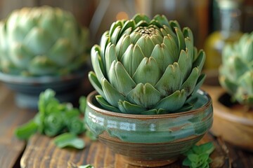 Obraz premium An inviting image showcasing a fresh green artichoke in a rustic ceramic bowl placed on a wooden table with a soft background