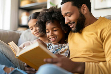 Fototapeta premium Family cozying up on a sofa, engaged in a book that teaches the significance of nutrition and healthy living