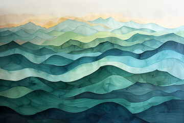 A painting of a mountain range with a blue ocean in the background