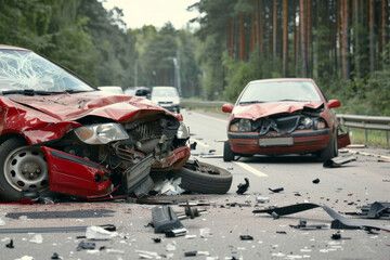 A dramatic scene of two cars involved in an accident on the road