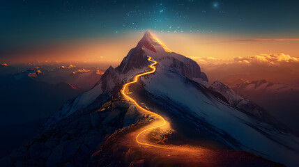 glowing path to the top of the mountain, business success strategy, development and growth concept