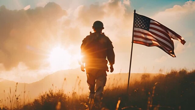 Proud Soldier Protecting The USA Flag In The Sun 