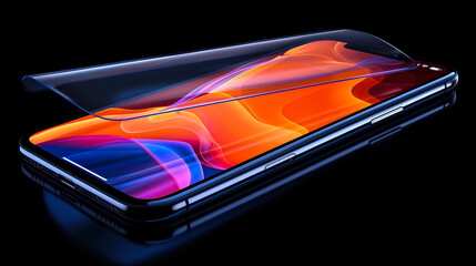 Sleek smartphone with vibrant screen protector on reflective surface.
