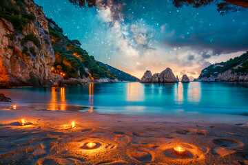 Starry Night over a Candlelit Beach Cove
