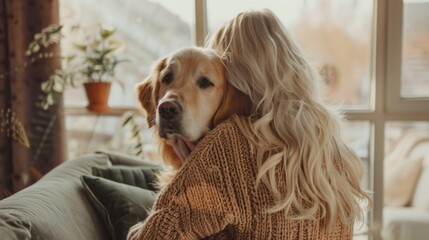 Shared moments. Back view of female blonde caressing furry dog behind ears during leisure time at cozy apartment. Young woman and golden retriever enjoying bonding interaction together during daytime. - Powered by Adobe