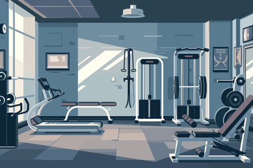Blue-themed gym with strength training equipment. - obrazy, fototapety, plakaty