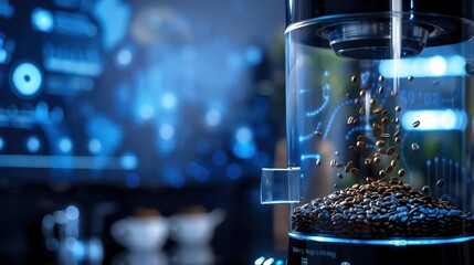 Closeup of a coffee grinder filled with aromatic beans ready for brewing - obrazy, fototapety, plakaty